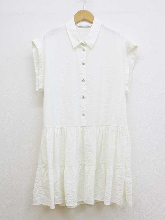 ★ZARA/ザラ★シワ加工ビジューボタンブラウスチュニック/かわいい/カジュアル/チュニック/膝上丈/ノースリーブ ホワイト/白 レディース XS【中古】夏 315042