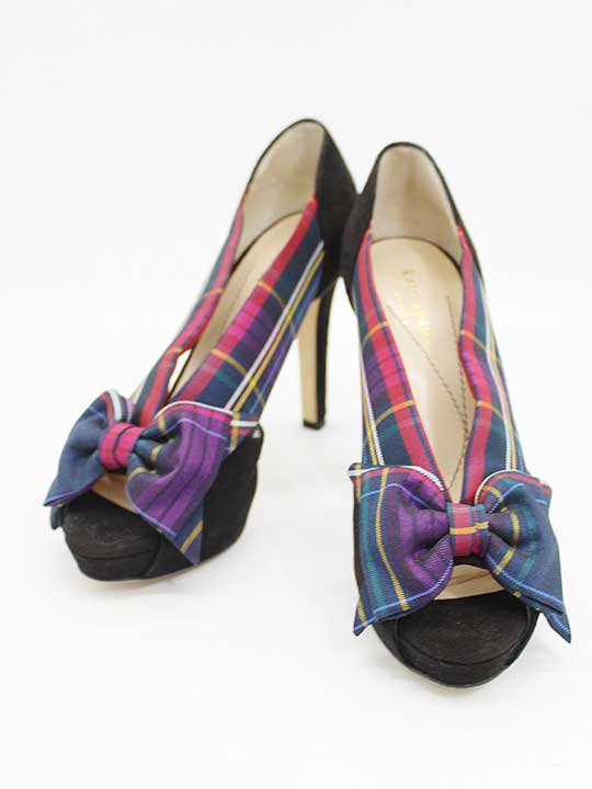 ケイトスペード チェックリボンスエードパンプス 6 1/2 レディース ブラック×マルチ【中古】 □