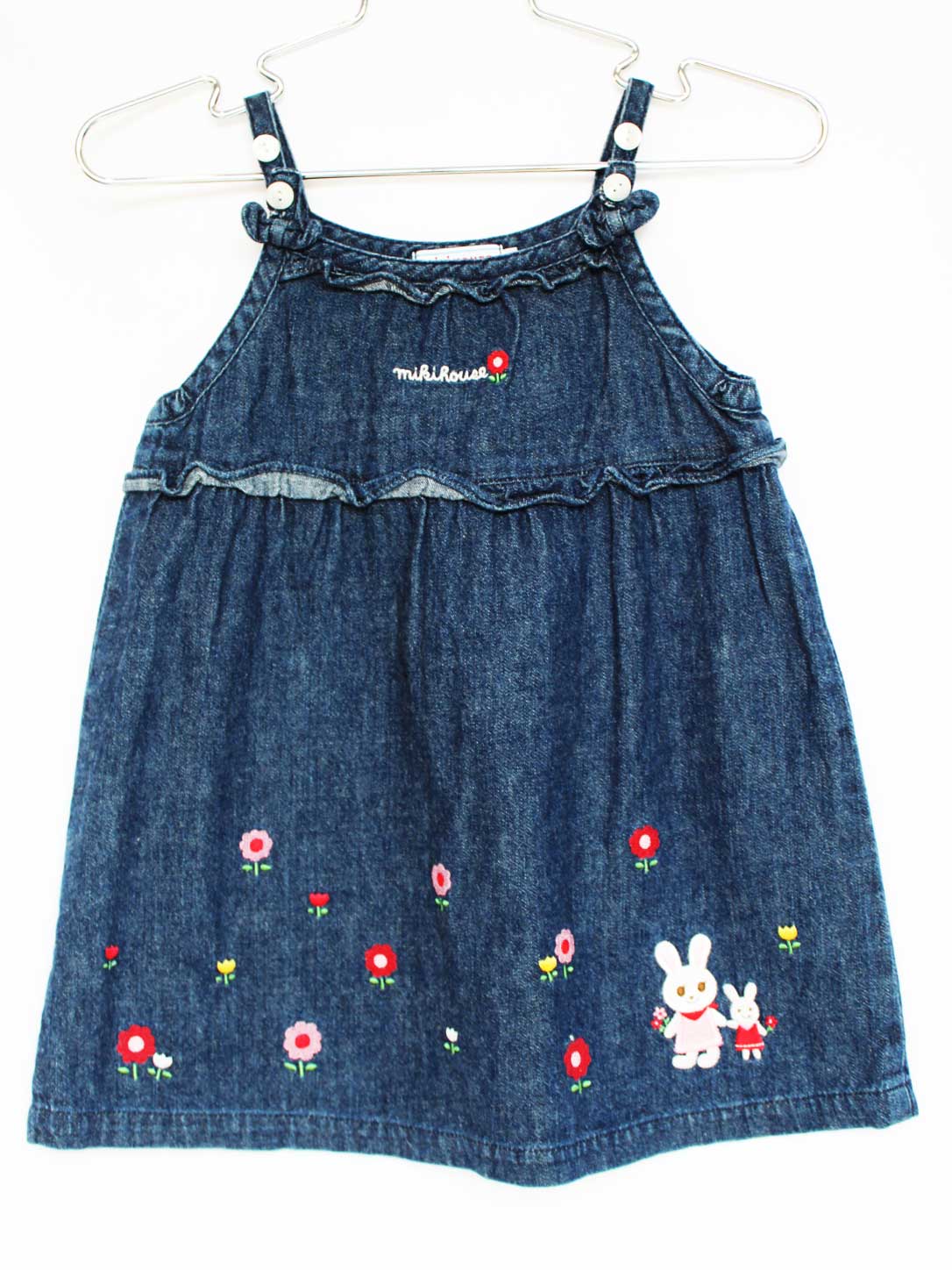 [ミキハウス/mikihouse]90cm ジャンパースカート インディゴブルー【中古】子供服 キッズ kids ベビー服 baby 女の子 春夏秋冬 onepi 504042