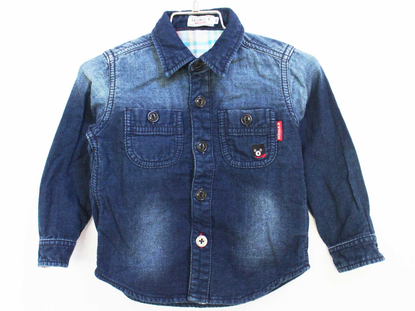 【値下げ!】[ダブルビー/DOUBLE.B]90cm 長袖シャツ 紺 袖口折り返し可【中古】子供服 キッズ kids ベビー服 baby 男の子 春秋冬 tops 029042