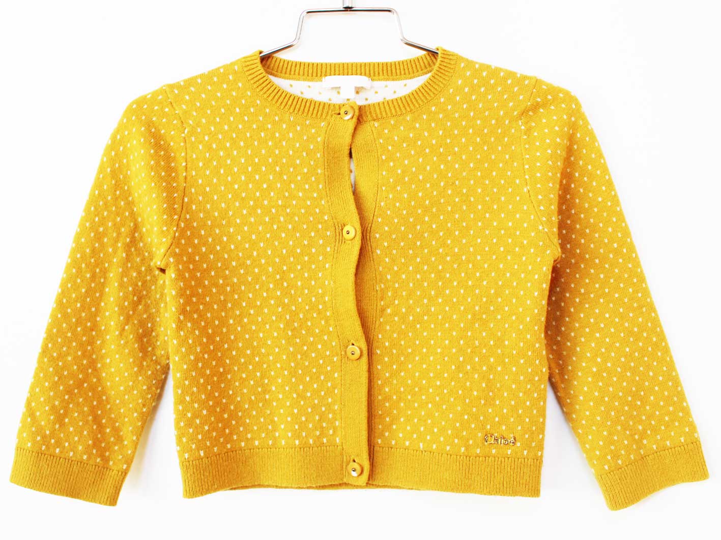 [クロエ/Chloe]90cm カーディガン マスタードイエロー×白【中古】子供服 キッズ kids 女の子 秋冬 tops..