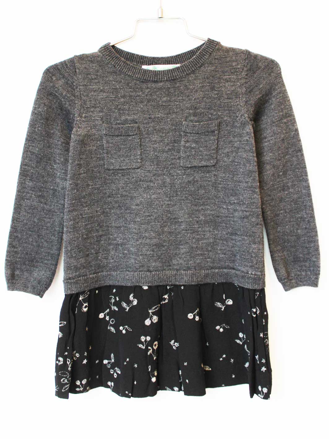 [ボンポワン/BONPOINT]95cm 長袖ワンピース グレー×黒【中古】子供服 キッズ kids 女の子 秋冬 onepi 9..