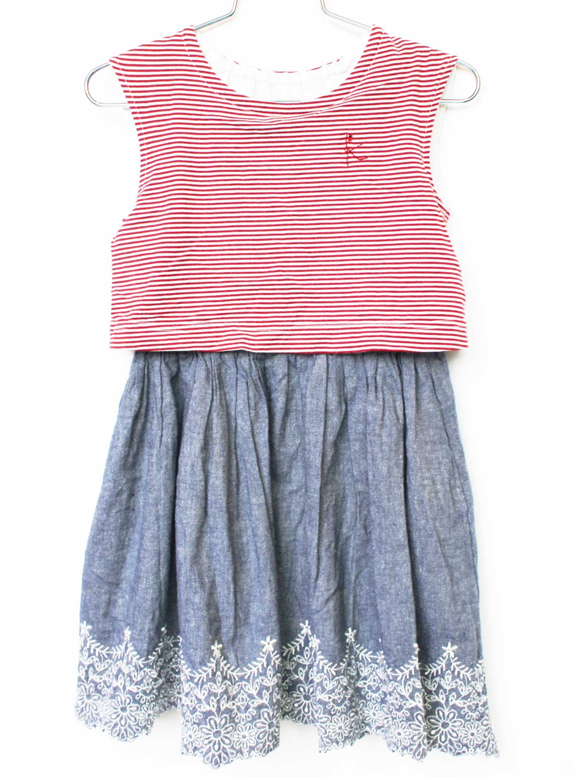 Short Sleeves - クミキョク フレンチスリーブワンピース 110cm キッズ 女児 赤×ブルー【中古】★