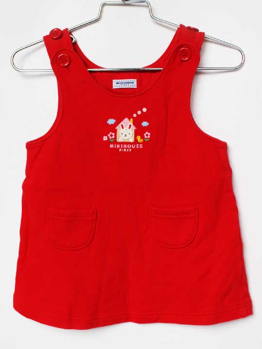 サイズ 70-80cm(F) 素材 綿100％ 色 赤 汚れ、ダメージ等 汚れ、色褪せはありません 使用感ランク A 性別 女の子 その他 肩からの身丈最長約40.5cm(2段階で長さ調節可) 両肩、ボタンで開閉します 腹部左右にポケット付...