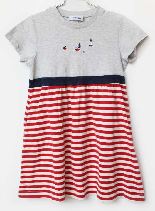 Short Sleeves - ファミリア 半袖ワンピース 120cm キッズ 女児 グレー×赤【中古】【新入荷!】★