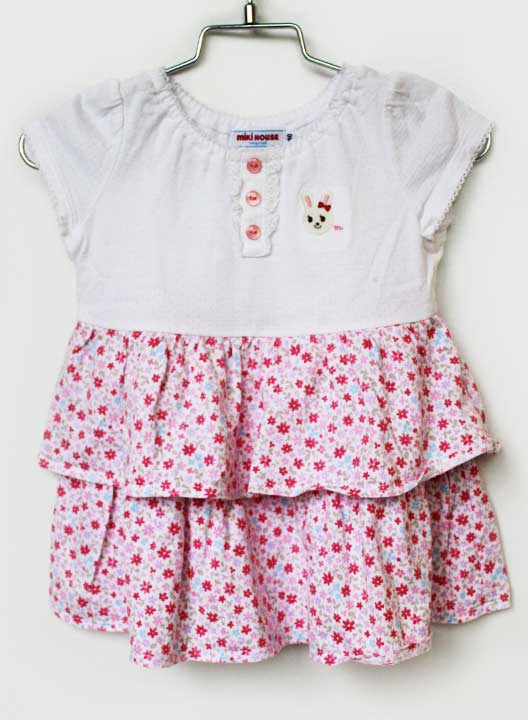 ミキハウス 半袖ワンピース 80cm キッズ 女児 白×ピンク【中古】★
