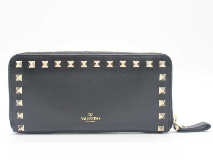 【値下げ】 VALENTINO GARAVANI/バレンティノガラバーニ ロックスタッズラウンドファスナー長財布/ウォレット/WALLET/小物 ブラック/黒 レディース メンズ ユニセックス【中古】春夏秋冬 126032