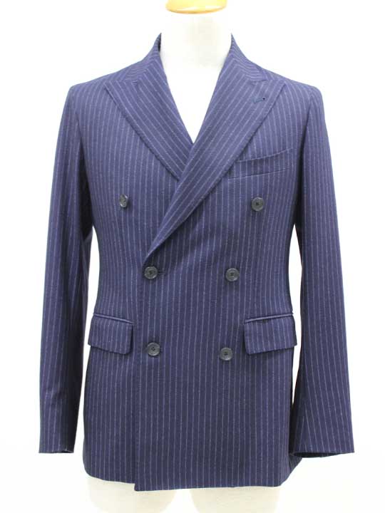 【SALE】◇TAGLIATORE Brilla per il gusto/タリアトーレブリッラペルイルグースト◇ダブルボタンストライプウールスーツ/背抜き/袖裏地有/ワンタック/ビジネス/長袖 ネイビー/紺 メンズ 44R【中古】春秋 biz 103052