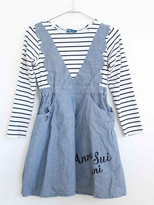 【値下げ!】†アナスイミニ/ANNA SUI mini† 140cm 長袖ワンピース 紺×白【中古】子供服 キッズ kids ジュニア 女の子 春秋 onepi...