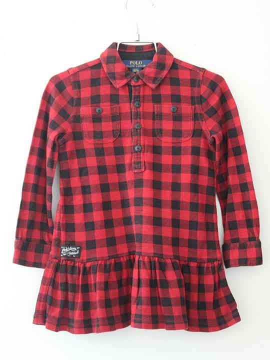 【値下げ!】ラルフローレン 長袖ワンピース 100cm キッズ 女児 赤×黒【中古】†