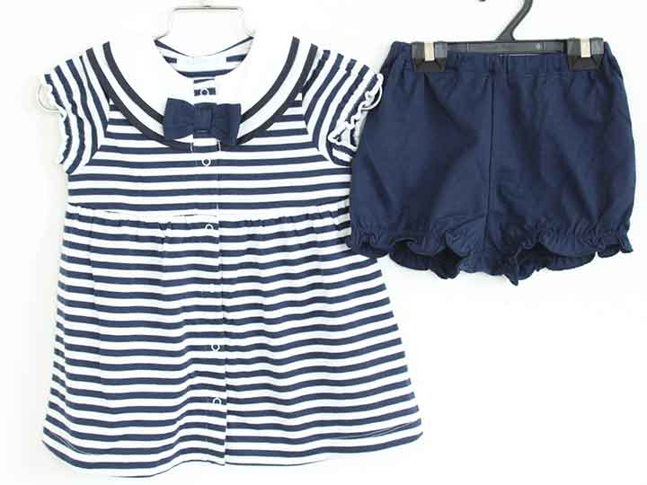 新品 未使用品†ベベ/BeBe†70-80cm 半袖ワンピース×ブルマセット 白×紺 子供服 キッズ kids ベビー服 baby 女の子 夏 036032 onepi