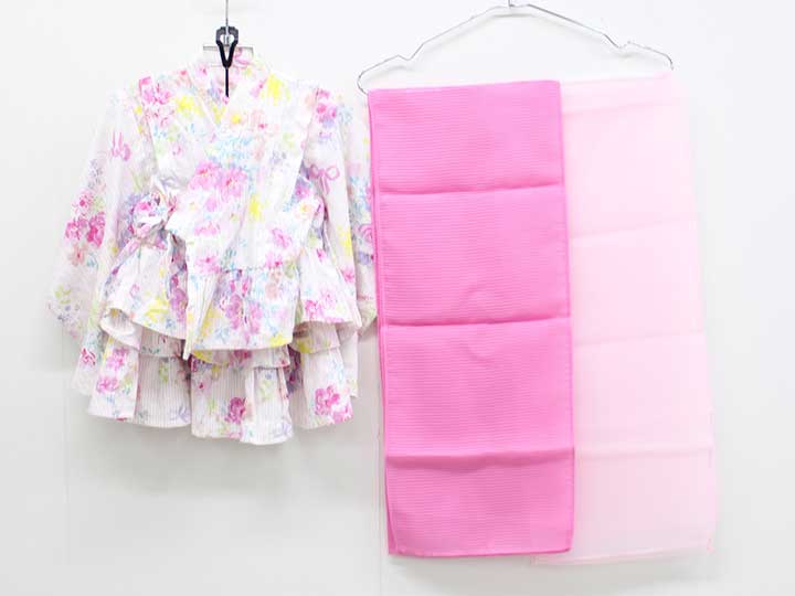 メゾピアノ セパレート浴衣×帯セット 100cm キッズ 女児 ピンク系【中古】♪