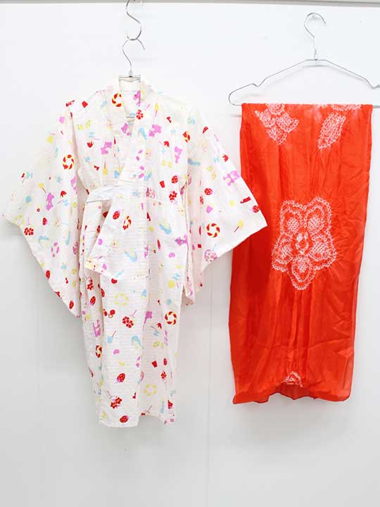 古今 浴衣×帯セット 100cm位（SS） キッズ 女児 白×ピンク系【中古】♪