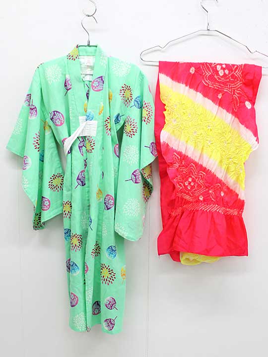 丸幸商店 浴衣×帯セット 100cm キッズ 女児 パステルグリーン系【中古】♪