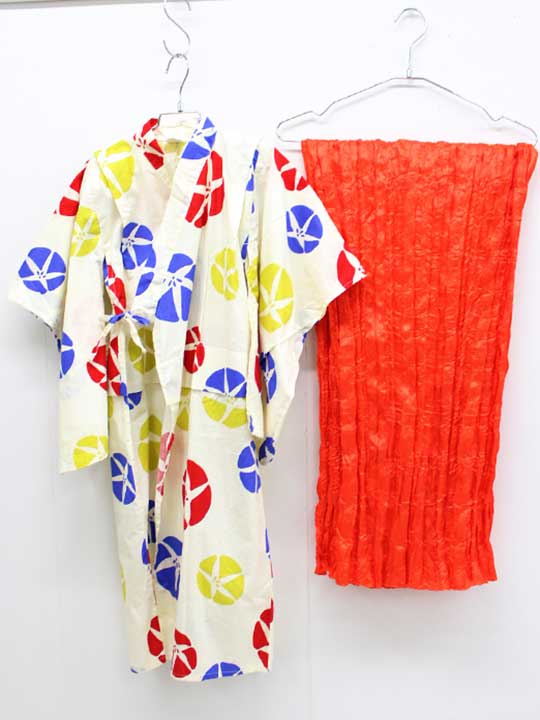 デビルロック 浴衣×帯セット 110cm キッズ 女児 オフホワイト×赤系【中古】【新入荷!】♪