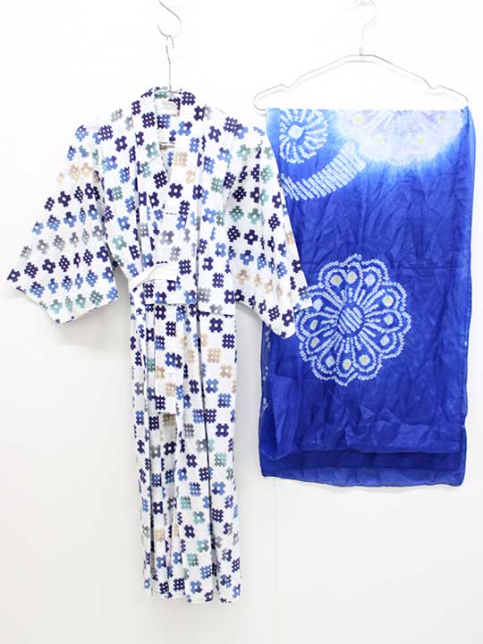 日本製 浴衣×帯セット 120-130cm キッズ 男児 白×紺系【中古】♪