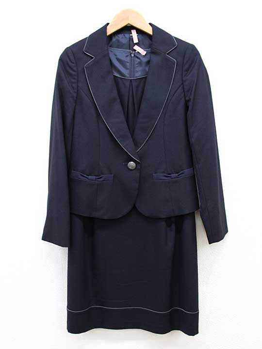 【新規値下げ】■WHITE JOOLA/ホワイトジョーラ■アンサンブルスーツ/ワンピース/ジャケット/半袖/長袖/ミディアム丈 濃紺/ネイビー レディース 9A...