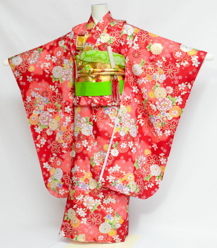 七五三 着物 7歳 女の子 着物フルセット 桜に牡丹柄 赤 四つ身セット 着付けマニュアルDVD付き 販売 購入