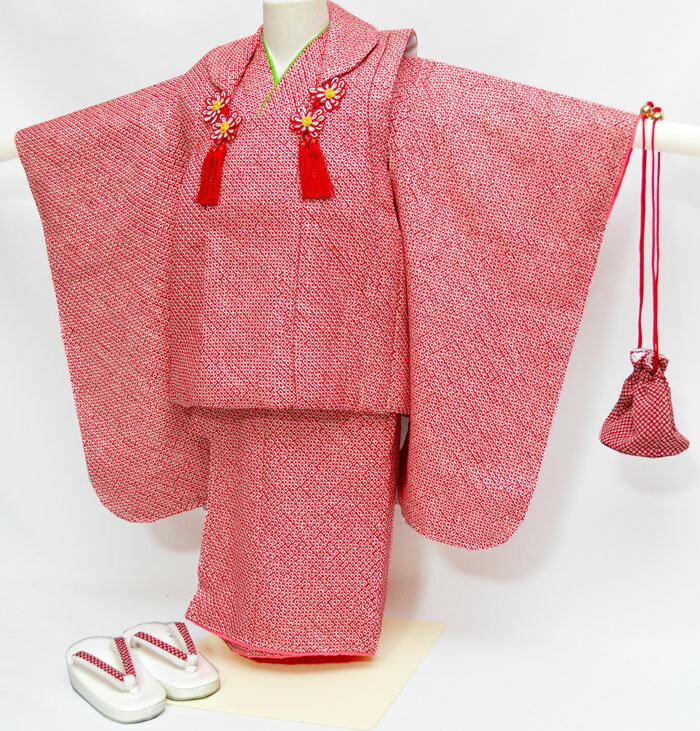 1点のみ 七五三 753 正絹 着物 3歳 女の子 正絹被布セット 手絞り 総本絞り 赤 2024年度 新作 着付けに必要な物は全て揃った着付け完璧フルセット ...