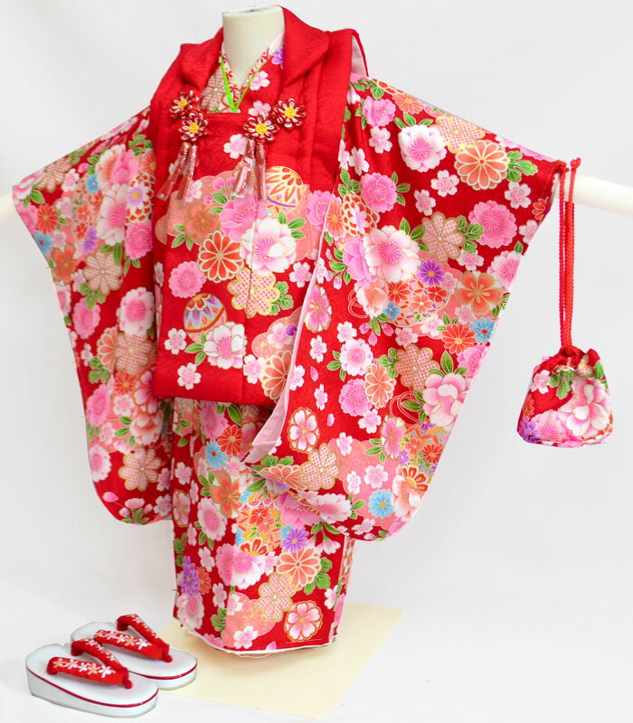 七五三 753 正絹 着物 3歳 女の子 正絹被布セット 百花繚乱 赤 着付けに必要な物は全て揃った着付け完璧フルセット 販売 購入