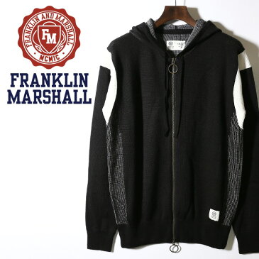 ■FRANKLIN & MARSHALL フランクリン＆マーシャル メンズ■ジップアップ 配色切替 長袖 フードパーカー ニットパーカー【KNITWEAR WOOL ZIP+HOOD LONG】【サイズXS〜XL】【ブラック】fra-m-t-97-337 《メーカー希望小売価格30,800円》