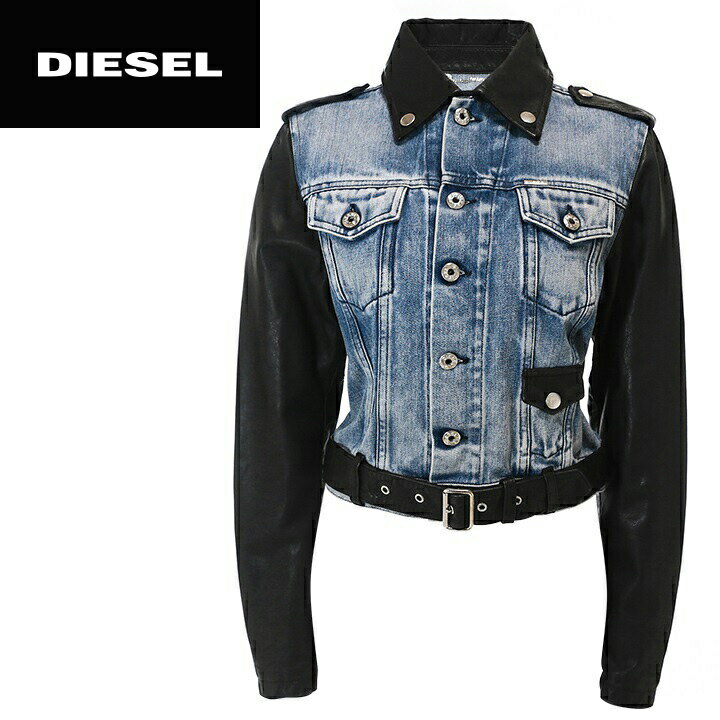 ★DIESEL ディーゼル レディース★ケミカルウォッシュ 牛革 レザー切替 デニムジャケット【DE-NYN-L】【サイズXS〜M】【ライトインディゴ】die-l-o-98-124 《メーカー希望小売価格150,700円》