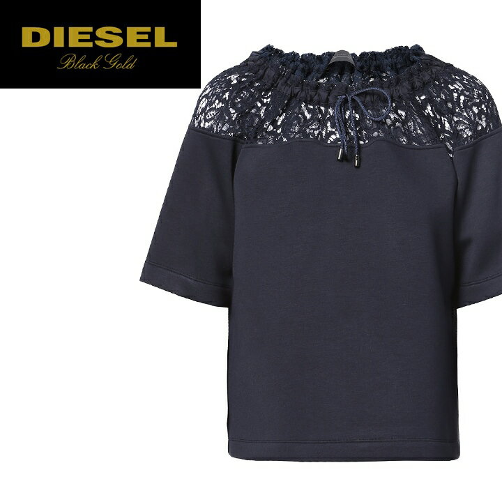 ★DIESEL BLACK GOLD ディーゼル ブラックゴールド レディース★シースルーレース切替 半袖 カットソー トップス【TOURS】【サイズXXS・XS】【ネイビー】die-l-t-a8-633 《メーカー希望小売価格36,300円》