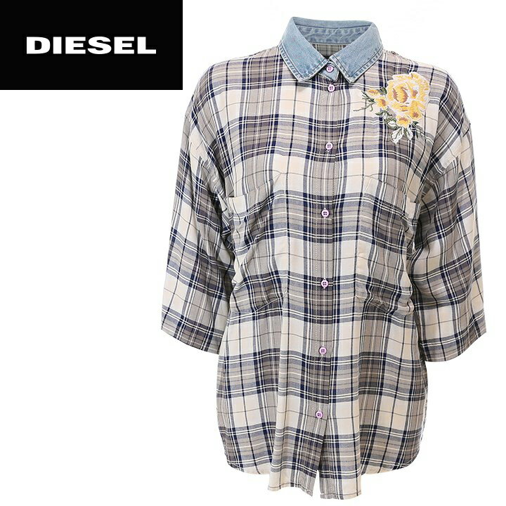 ★DIESEL ディーゼル レディース★デニムカラー チェック柄 刺繍装飾 五分袖 シャツ ブラウス【C-LEXINE】【サイズXS・S】【グレージュ系】die-l-t-a8-317 《メーカー希望小売価格25,300円》