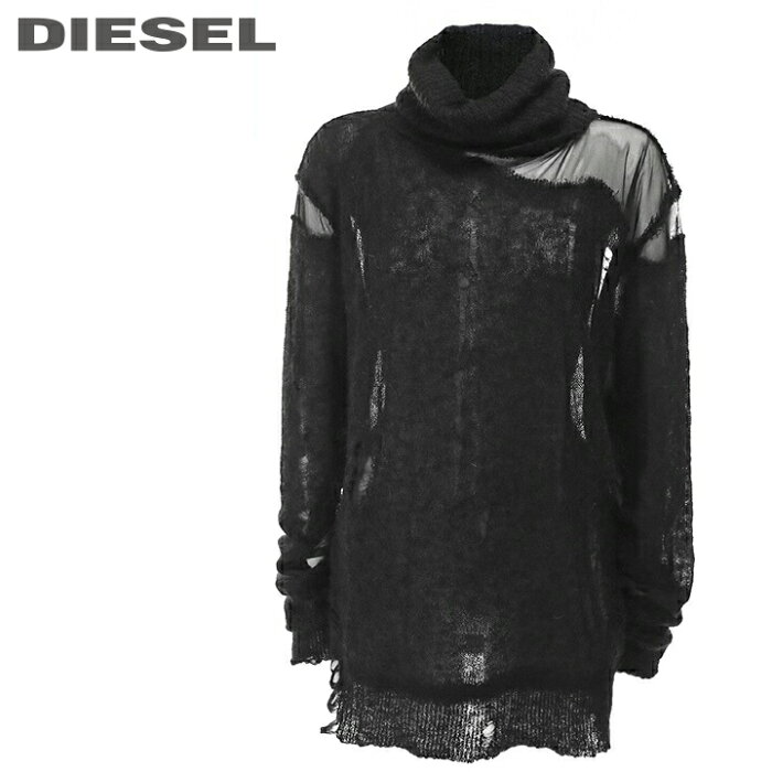 ★DIESEL ディーゼル レディース★シースルーメッシュ切替 モヘア混 ウール混 クラッシュダメージ加工 タートルネック 長袖ニットセーター【M-CLASSH】【サイズS〜L】【ブラック】die-l-t-b8-171 《メーカー希望小売価格46,200円》