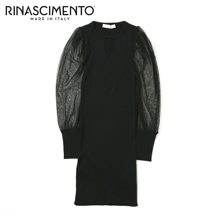 ★Rinascimento リナシメント レディース★シースルーメッシュ切替 長袖 胸元カットアウト リブニットワンピース【RIN10185】【サイズS/M・M/L】【ブラック】rin-l-t-c4-206 《メーカー希望小売価格25,300円》
