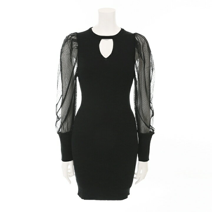 ★Rinascimento リナシメント レディース★シースルーメッシュ切替 長袖 胸元カットアウト リブニットワンピース【RIN10185】【サイズS/M・M/L】【ブラック】rin-l-t-c4-206 《メーカー希望小売価格25,300円》