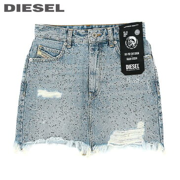 ★DIESEL ディーゼル レディース★デストロイダメージ加工 キラキラ ラインストーン装飾 デニムミニスカート【DE-ELLE-S】【W23〜27】【ライトインディゴ】die-l-s-c4-658 《メーカー希望小売価格71,500円》