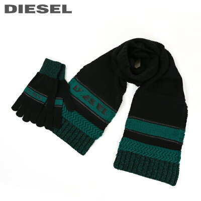 ■DIESEL ディーゼル メンズ■ラバーロゴ ニットグローブ ニットマフラー 手袋&マフラーセット【CADO-KIT】【サイズ2】【ブラック×グリーン】die-m-a-c4-002 《メーカー希望小売価格23,100円》