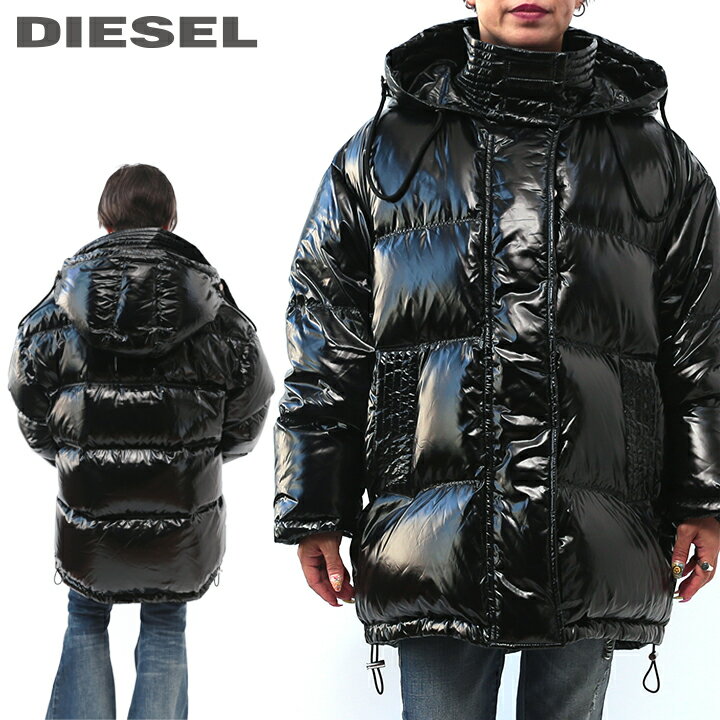 ★DIESEL ディーゼル レディース★光沢ナイロン オーバーサイズ ビッグフード リアルダウンジャケット【W-ALLA】【サイズXXS〜S】【ブラック】die-l-o-c8-048 《メーカー希望小売価格57,200円》