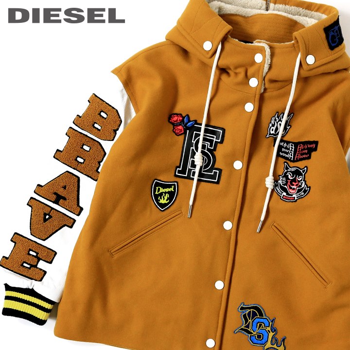 ★DIESEL ディーゼル レディース★袖レザー切替 裏ボアフード オーバーサイズ スタジャン 中綿ジャケット【W-EURNE】【サイズXXS〜S】【マスタード】die-l-o-c8-051 《メーカー希望小売価格171,600円》