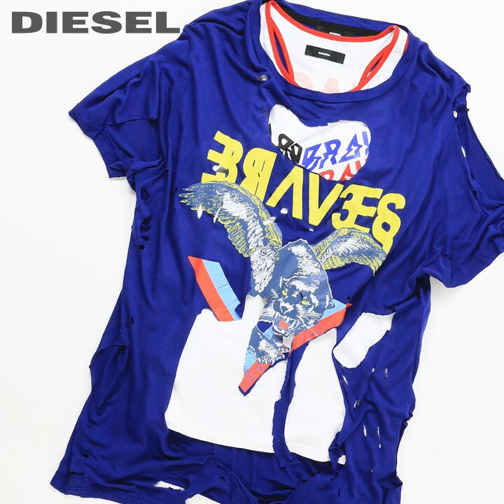 ★DIESEL ディーゼル レディース★デストロイ加工 カットアウトデザイン レイヤード 半袖Tシャツ カットソー【T-NATAI】【サイズXXS〜L】【ブルー ホワイト】die-l-t-c8-274 《メーカー希望小売…