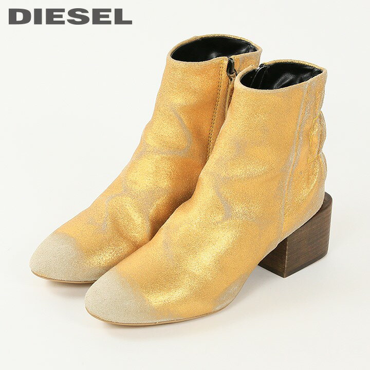 ★DIESEL ディーゼル レディース★ヴィンテージダメージ加工 牛革 スウェード サイドジップ チャンキーヒール レザーショートブーツ 靴【JAYNET MAB】【日本サイズ22.5〜26.0】【ゴールド】die-l-k-d8-101 《メーカー希望小売価格40,700円》のサムネイル