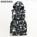 ★DIESEL ディーゼル レディース★総柄 ベルト付き フード ベスト ノースリーブ中綿コートジャケット【W-LALLA-SL】【サイズXXS M〜L相当 】【2〜3サイズ程大きめのサイズ感】【ブラック】die-l-…