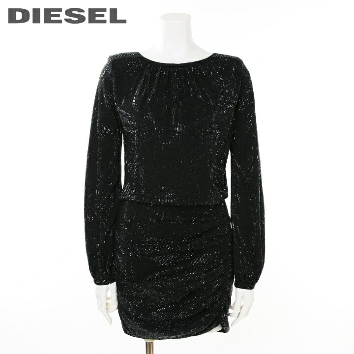 ★DIESEL ディーゼル レディース★総ラインストーン装飾 バックオープン ウエストゴム 長袖 ミニワンピース ドレス【D-RENEE-BLING-V2】【サイズXS・S】【ブラック】die-l-t-d8-124 《メーカー希望小売価格52,800円》