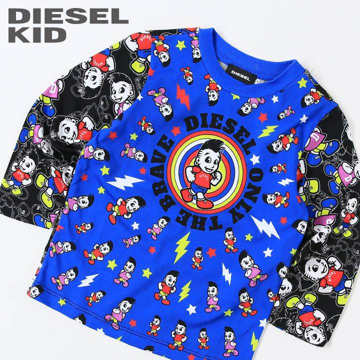 ◆DIESEL KID ディーゼルキッズ ベビー ボーイ◆総柄プリント ベビー服 男の子 ロンT 長袖Tシャツ カットソー【TOTIXB-R】【SIZE24M】【ブルー×ブラック】dib-m-t-d8-020 《_メーカー希望小売価格7,700円》