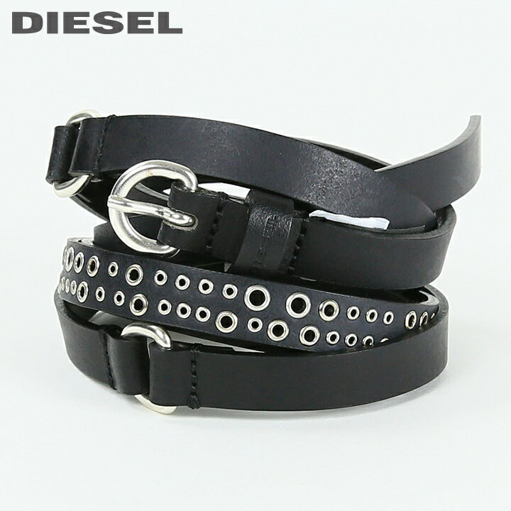 ★DIESEL ディーゼル レディース★牛革 本革 二重巻き ハトメスタッズ シングルピン レザーナローベルト【B-TIE】【サイズ75〜90】【ブラック】die-l-a-d8-607 《メーカー希望小売価格13,200円》のサムネイル