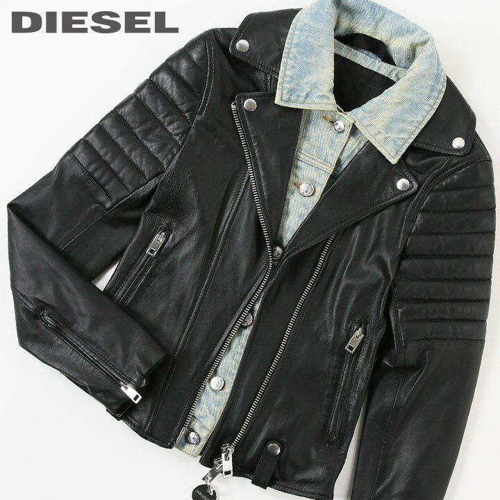 ディーゼル 革ジャン レディース ★DIESEL ディーゼル レディース★羊革 本革 デニム フェイクレイヤード シングルライダースジャケット レザージャケット【L-AURO】【サイズXS・S】【ブラック】die-l-o-e4-004 《メーカー希望小売価格107,800円》