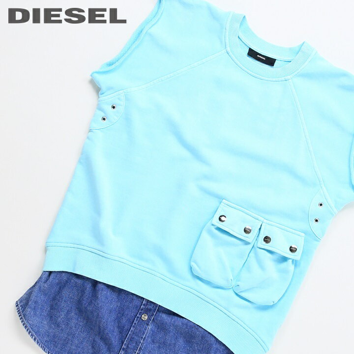 ★DIESEL ディーゼル レディース★ダンガリー切替 フェイクレイヤード カットオフ ノースリーブスウェットシャツ【F-ELPA】【サイズS】【ミントブルー×インディゴブルー】die-l-t-e4-210 《メーカー希望小売価格30,800円》