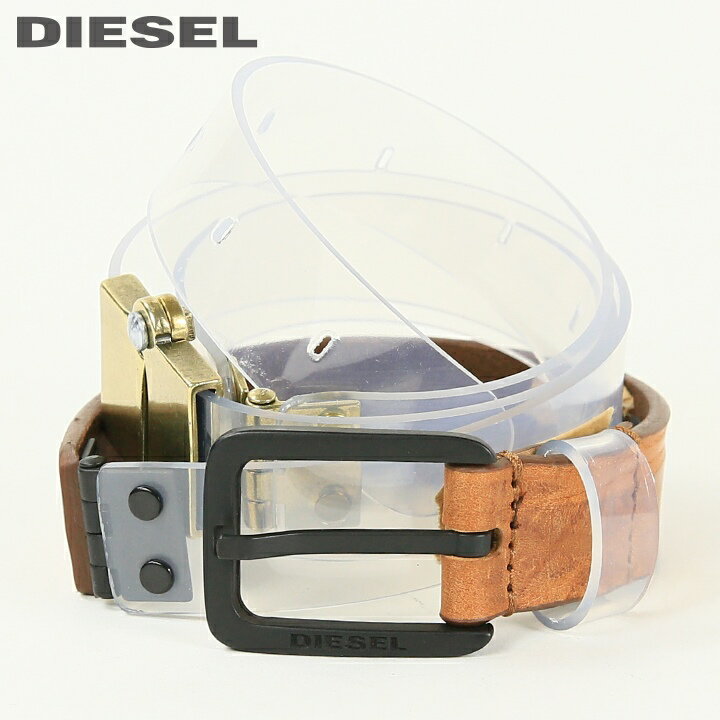 ディーゼル ベルト（メンズ） ■DIESEL ディーゼル メンズ■異素材コンビ 牛革 本革 レザー クリア素材 スケルトン ナローベルト【B-LEVEL】【サイズ80～95】【ブラウン×クリア】die-m-a-f0-922 《_メーカー希望小売価格12,100円》