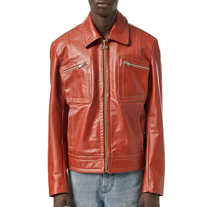 【エントリーでポイント5倍！】■DIESEL ディーゼル メンズ■牛革 本革 オーバルDジッププル ジップアップ レザージャケット【L-CALE】【サイズXS】【レッドブラウン】die-m-o-f8-03k 《メーカー希望小売価格115,500円》
