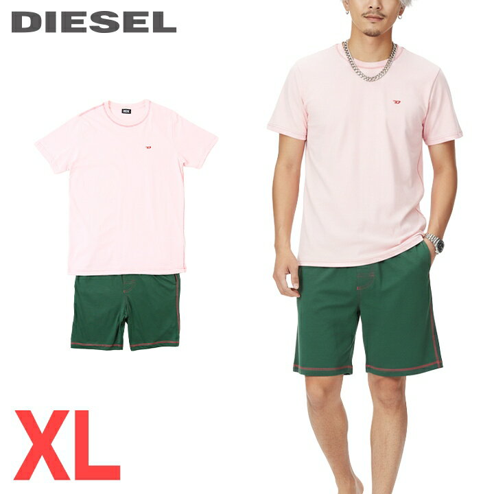 ■DIESEL ディーゼル メンズ■収納袋付き 半袖Tシャツ ハーフパンツ パジャマ ルームウェア上下セット【UMSFT-JUST-TOMY-P】【サイズXL】【ピンク×グリーン】die-m-i-f8-u34 《メーカー希望小売価格11,880円》
