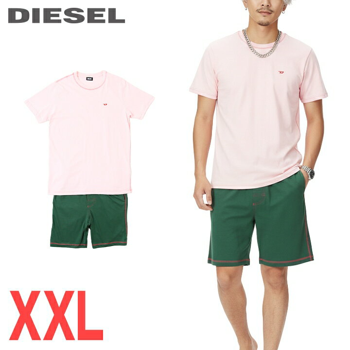 ■DIESEL ディーゼル メンズ■収納袋付き 半袖Tシャツ ハーフパンツ パジャマ ルームウェア上下セット【UMSFT-JUST-TOMY-P】【サイズXXL】【ピンク×グリーン】die-m-i-f8-u35 《メーカー希望小売価格11,880円》