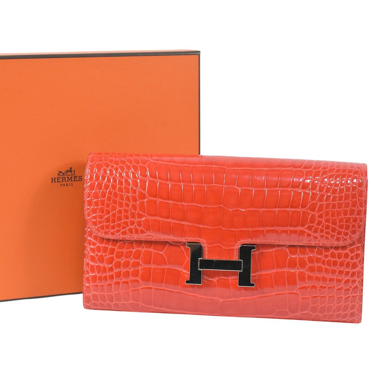エルメス 超美品 超豪華 アリゲーター素材 コンスタンスロング クロコダイル 長財布 オレンジ系 シルバー金具 HERMES CONSTANCE【中古】【RCP...
