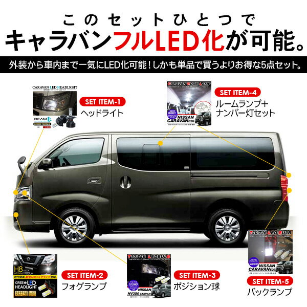 【P10倍 9/4〜スーパーセール開催】 NV350 キャラバン E26系 LEDパーツ 5点セット ローグレード車用 ヘッドライト ポジションランプ フォグランプ ルームランプ バックランプ 【202209ss】