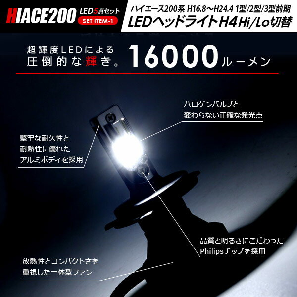 【P10倍 9/4〜スーパーセール開催】 ハイエース200系 1型/2型/3型前期 LEDパーツ 5点セット ヘッドライト ポジションランプ フォグランプ ウインカー バックランプ 【202209ss】